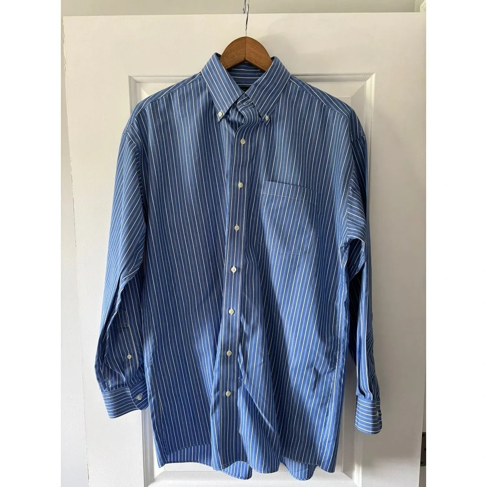 Jos. A. Bank Button Down Shirt Mens 16.5-34 Blue Striped Traveler Cotton Office